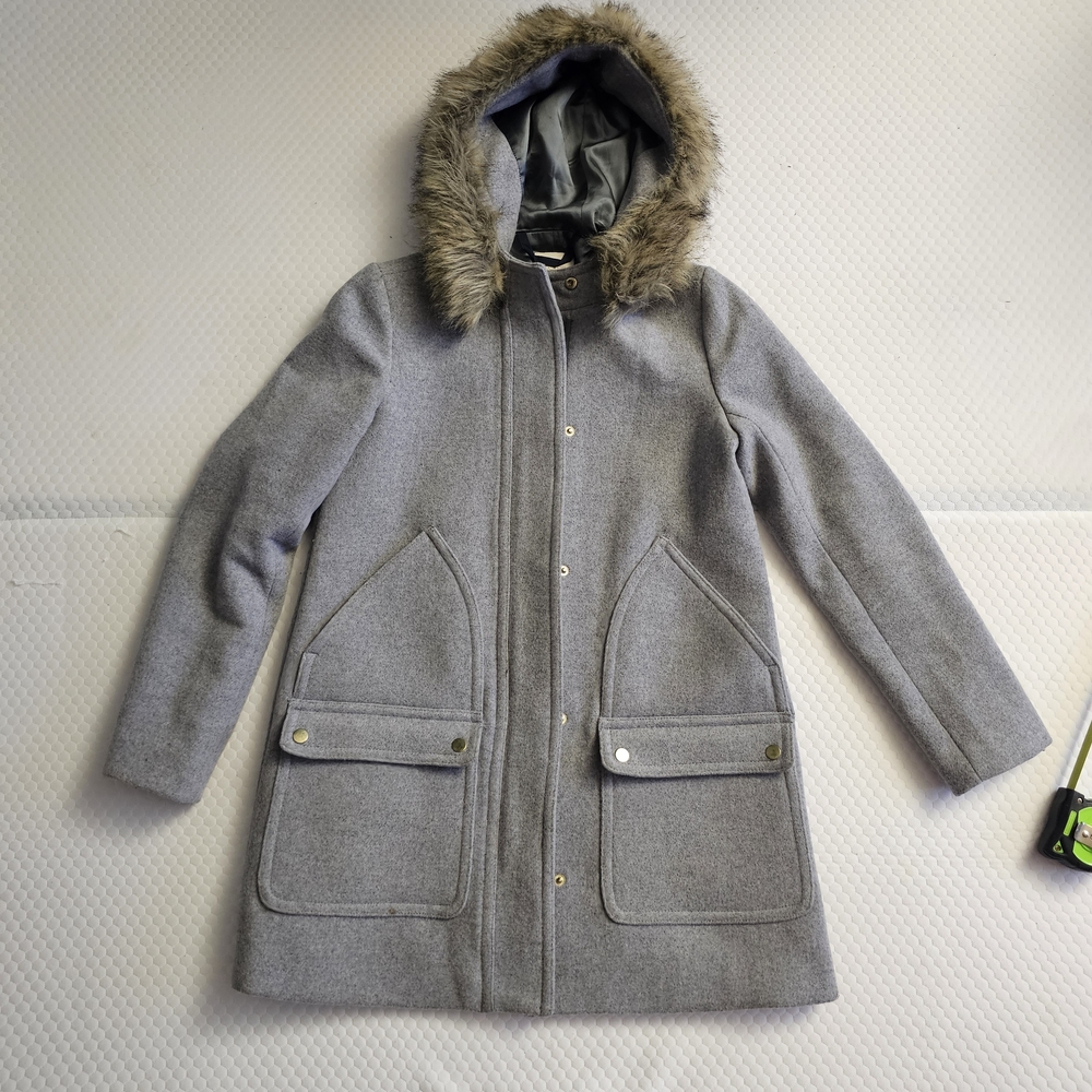 J.CREW Gray Hooded Coat with Faux Fur Trim - Size 2